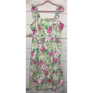Torrid Floral Dress Pockets‎ Size 1 (14/16) Green With Pink Flowers Midi